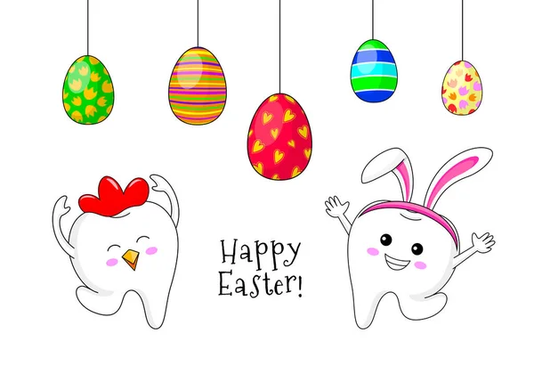 Diseño Carácter Diente Pascua Con Huevos Pascua Dibujos Animados Dentales — Archivo Imágenes Vectoriales