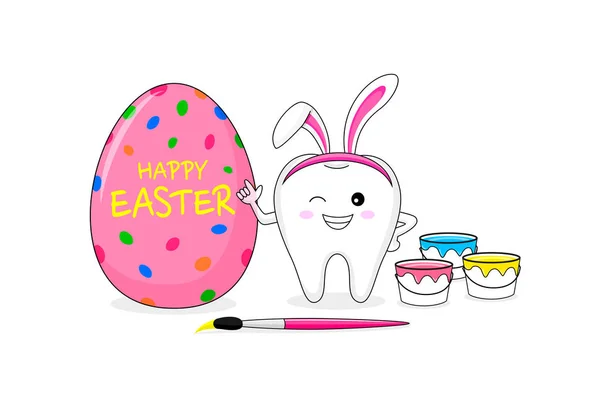 Carino Cartone Animato Personaggio Dei Denti Pittura Uova Pasqua Buon — Vettoriale Stock