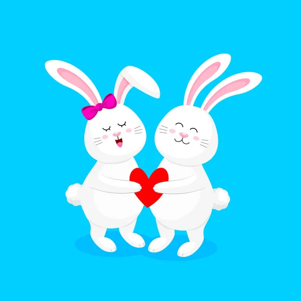 Lindos Conejos Blancos Dibujos Animados Sosteniendo Corazones Amor Feliz Día — Vector de stock