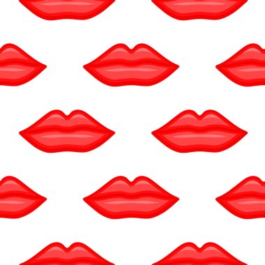 Güzel dudakların dikişsiz deseni. Kırmızı ruj ve parlatıcı sürmüş bir kadının makyaj malzemesi. Vektör illüstrasyonu beyaz arkaplanda izole edildi.