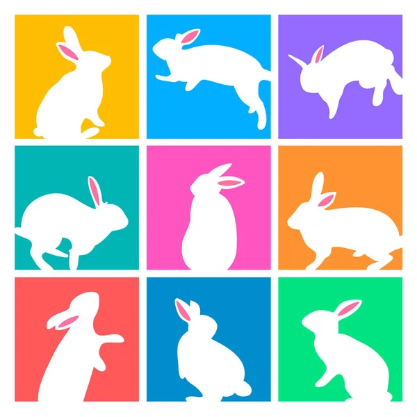 Conjunto Siluetas Conejo Blanco Cuadrados Coloridos Concepto Diseño Día Pascua — Vector de stock