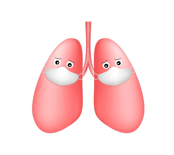 Lindo Personaje Dibujos Animados Pulmones Con Máscara Higiene Respiratoria Cara — Vector de stock
