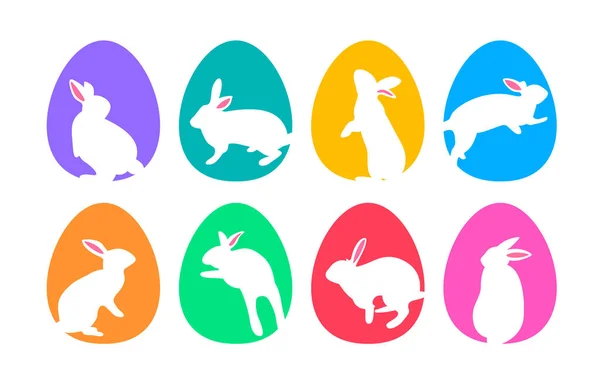 Ensemble Silhouettes Lapin Blanc Sur Ovale Coloré Conception Jour Pâques — Image vectorielle