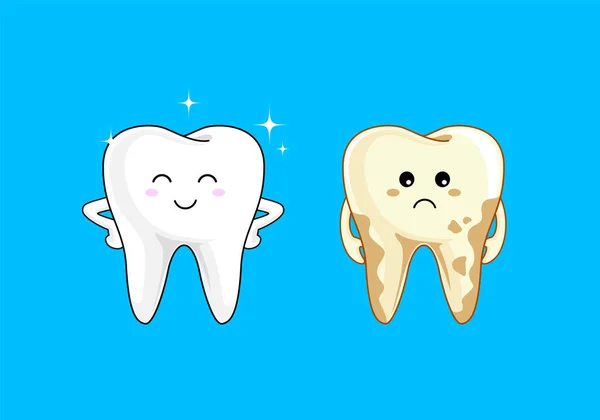 Lindo Personaje Dientes Dibujos Animados Comparación Dientes Brillantes Sucios Concepto — Archivo Imágenes Vectoriales