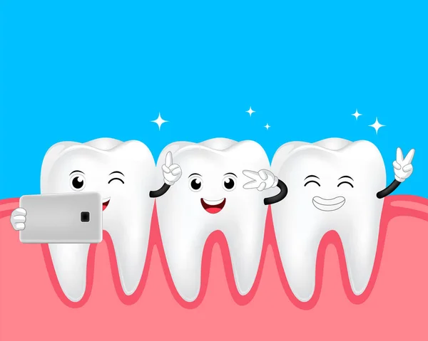 自分撮りを取ってかわいい漫画の歯のキャラクター 携帯電話で写真を撮る歯科治療の概念 青い背景に分離されたイラスト — ストックベクタ