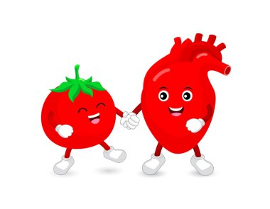 Tatlı bir çizgi film karakteri ve kalp el ele tutuşuyor. İnsan iç organı ile yiyecek arasındaki bağlantı. Sağlık hizmeti konsepti. Vektör illüstrasyonu beyaz arkaplanda izole edildi.