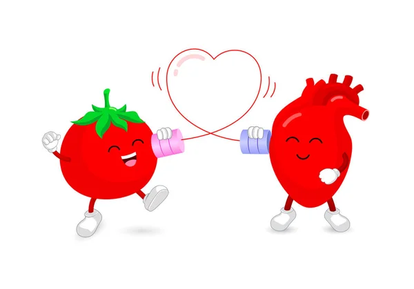 Nette Cartoon Tomaten Figur Und Herz Gespräch Auf Dem Dosentelefon — Stockvektor