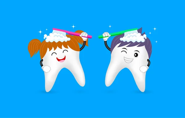 Nette Zeichentrickfigur Beim Zähneputzen Mit Smiley Gesicht Zahnpflegekonzept Illustration Isoliert — Stockvektor