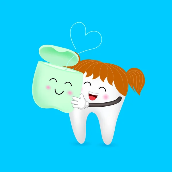 Симпатичный Персонаж Карикатурными Зубами Влюблённый Зубную Нить Концепция Стоматологической Помощи — стоковый вектор
