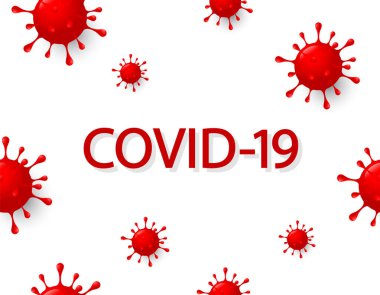Soyut virüs grafikli Covid-19 yazıları. Dünya Sağlık Örgütü, Coronavirus hastalığına Covid-19 adını verdi. Beyaz arkaplanda resim. 