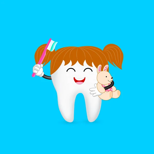 歯ブラシを持つかわいい漫画の歯の文字 歯科医療の概念 青の背景に孤立したイラスト — ストックベクタ