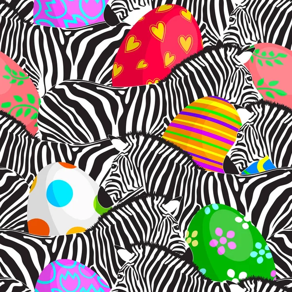 Modèle Sans Couture Zebra Avec Des Œufs Pâques Colorés Savannah — Image vectorielle