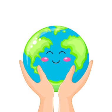 İnsan eli olan sevimli çizgi film karakterleri. Dünya kavramını kendine sakla. Vektör illüstrasyonu beyaz arkaplanda izole edildi.