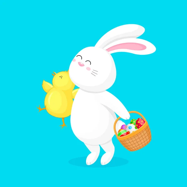 Conejo Blanco Con Pollitos Canasta Huevos Pascua Diseño Personajes Dibujos — Vector de stock