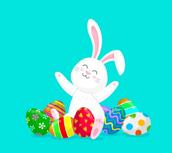 Conejo Blanco Sentado Con Huevos Pascua Feliz Concepto Del Día — Vector de stock