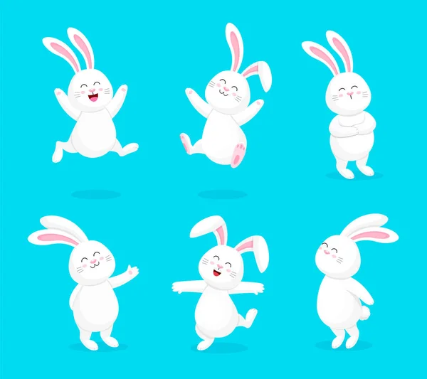 異なるポーズと表情で白いウサギのセット ハッピーイースターの日 漫画のキャラクターデザイン 青の背景に独立したベクターイラスト — ストックベクタ