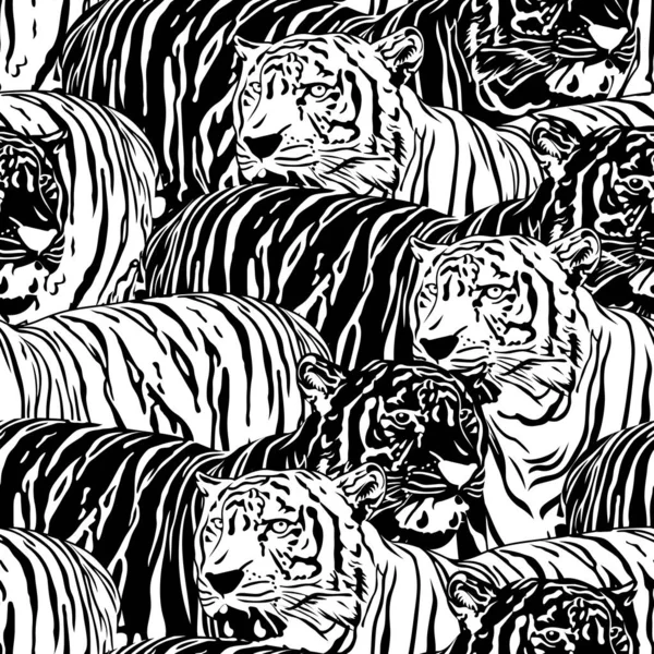 Tiger Sömlöst Mönster Vilda Djur Svart Och Vit Textur Illustration — Stock vektor