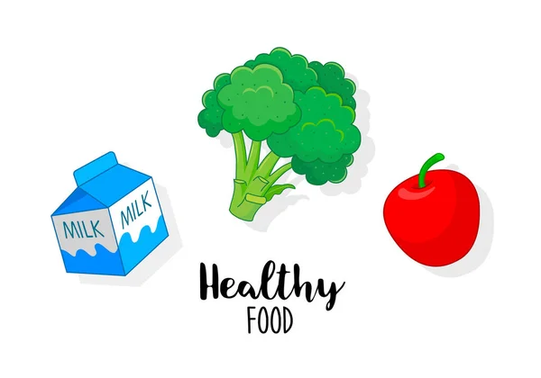 健康的食物载体 西兰花和苹果 卫生保健概念 在白色背景上孤立的说明 — 图库矢量图片