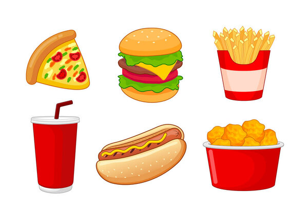 Colorful Fast food. Pizza, Hamburger, Hotdog, Nuggets, French Fries and soft drink. Vector illustration isolated on white background. Unhealthy fast food classic nutrition