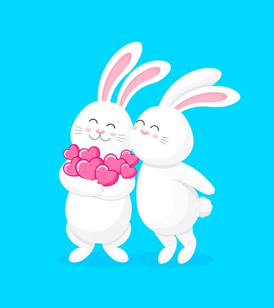 Cute Cartoon White Rabbits Holding Love Hearts Happy Valentine Day — 스톡 벡터