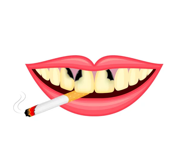 Cigarette Dans Bouche Humaine Fumer Cause Des Dommages Aux Dents — Image vectorielle