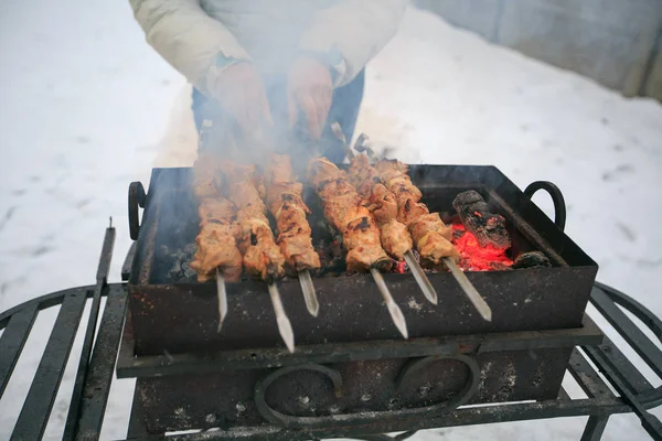 O prato de carne de porco shish em espetos — Fotografia de Stock