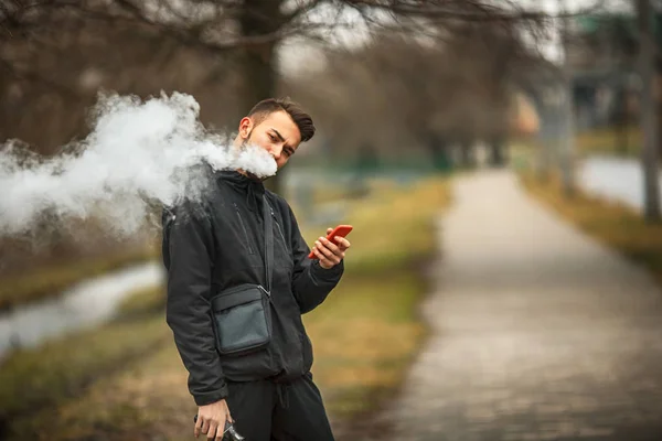 Vape Man Photo Handsome Young White Guy Modern Haircut Black — Stock Photo, Image