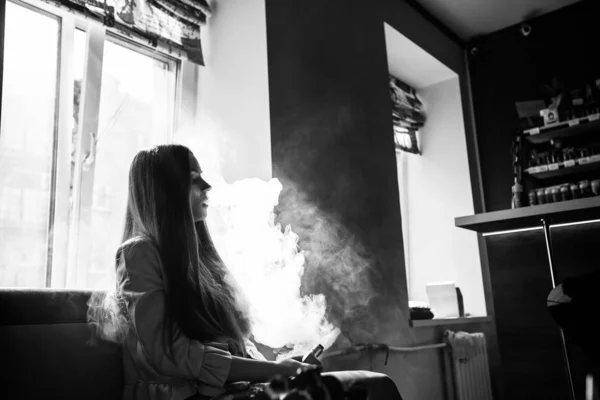 Vaping Teenager Young Pretty White Girl Smoking Electronic Cigarette Window — Stock Photo, Image