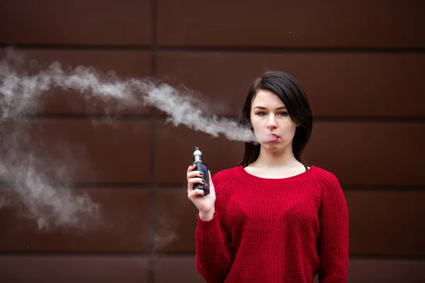 Vape Teenager Young Pretty White Caucasian Girl Red Sweater Smoking — Stockfoto