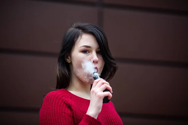 Vape Teenager Young Pretty White Caucasian Girl Red Sweater Smoking — Stock Photo, Image