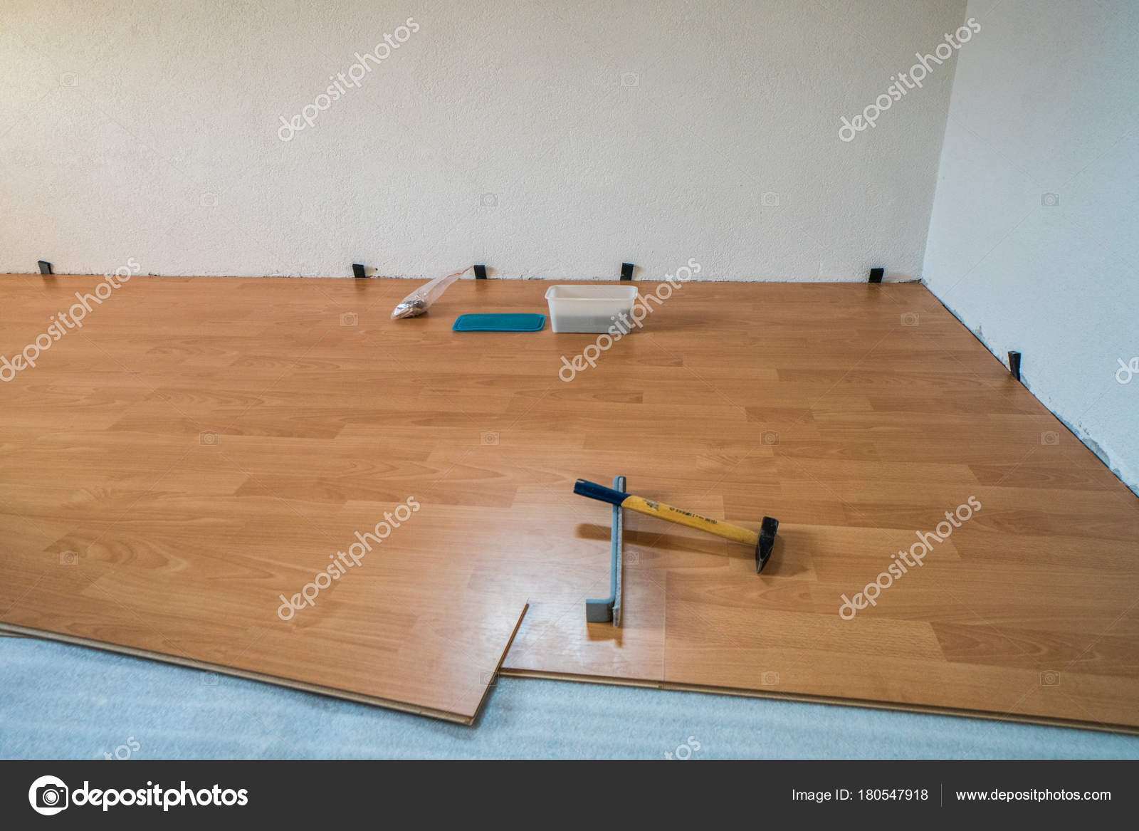 Laying Wooden Laminate Flooring Tools Stock Photo