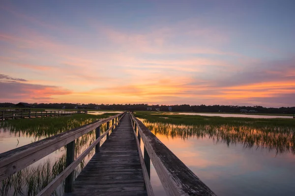 Boardwalk Creek Barrier Island High Tide Sunset Beautiful Evening Sky — Stock Photo, Image