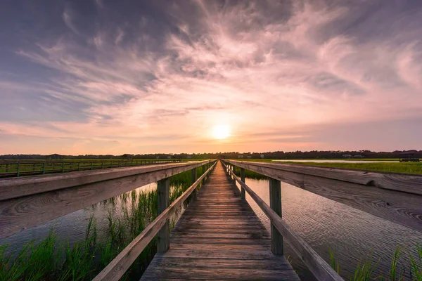 美丽的日落在一个漫长的木板码头上的大西洋盐沼泽在南卡罗来纳州铸造 — 图库照片
