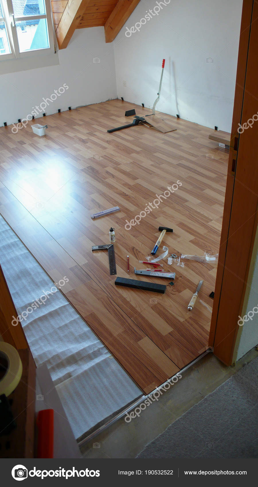 Laying New Wood Flooring Renovation Yourself Work Stock Photo