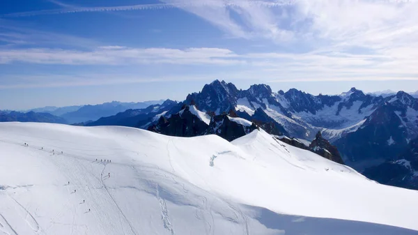 Many Mountain Climbers Moving Ants Large Glacier French Alps Chamonix — Stock Photo, Image