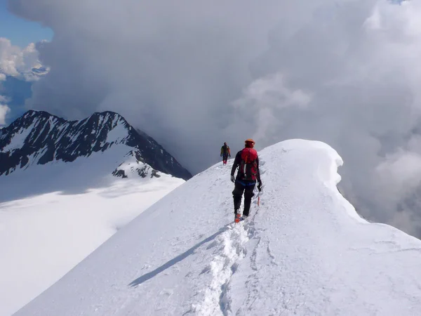 Alpinista Macho Hembra Que Desciende Una Cumbre Alpina Alta Largo — Foto de Stock