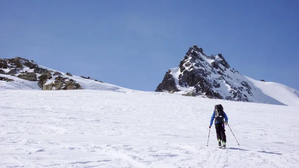 Manliga Offpist Skidåkare Går Upp Snö Sluttning Backcountry Schweiziska Alperna — Stockfoto