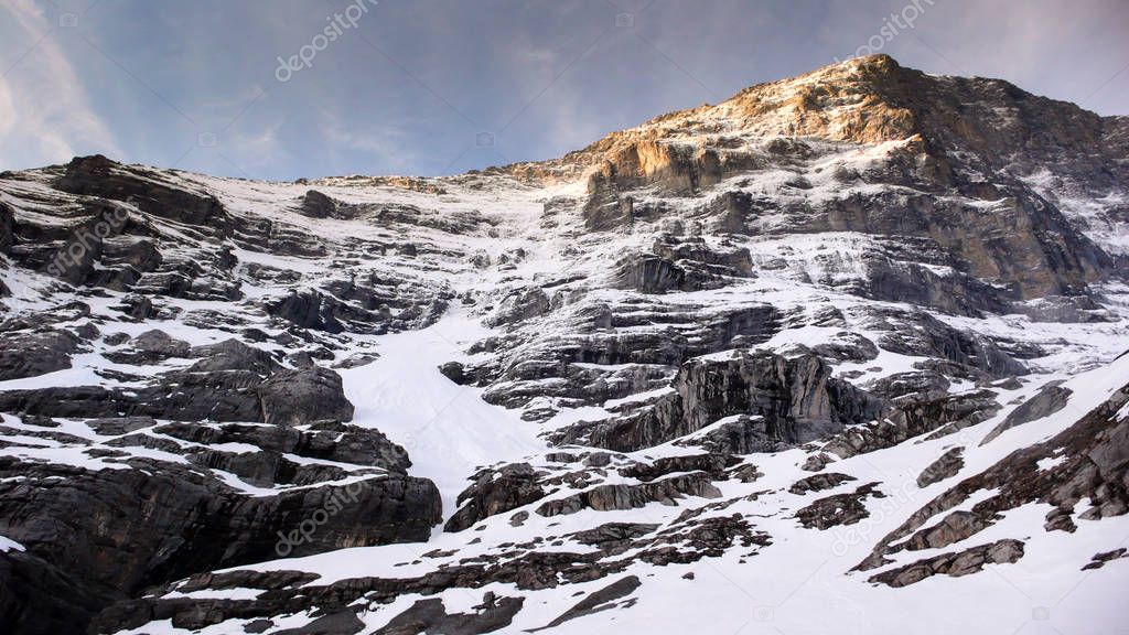 avalanches trickling down the north face of Eiger mountain in the Swiss Alps near Grindelwald