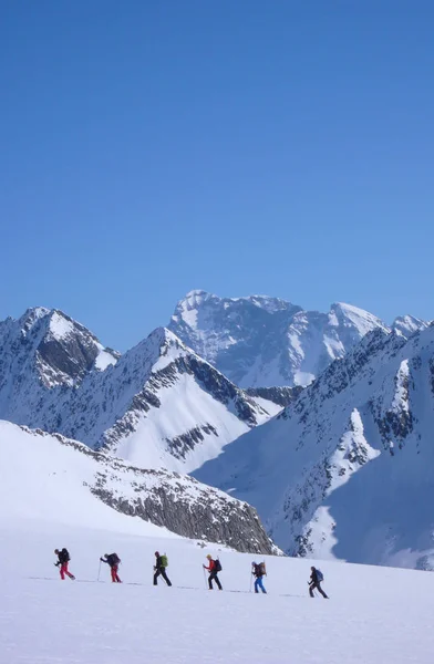 Grupa Narciarzy Zagranicy Przemierzających Lodowiec Drodze Szczyt Alpach — Zdjęcie stockowe