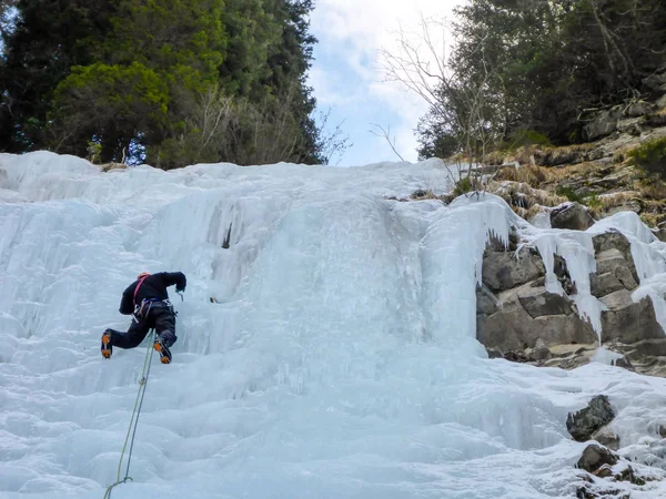 Guia Montanha Masculino Leva Gelo Escalando Uma Cachoeira Congelada Inverno — Fotografia de Stock