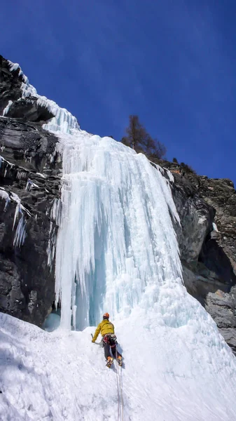 male mountain guide climbing a steep frozen waterfall on a cold winter day in the Alps
