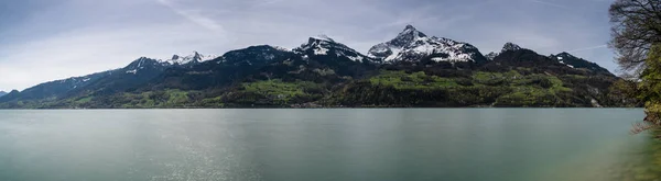 Панорамный Вид Красивую Бирюзовую Панораму Горного Озера Заснеженными Вершинами Зелеными — стоковое фото