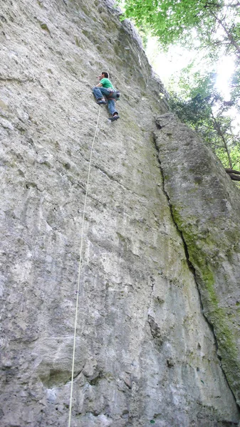 男性ガイド岩登山アルプスの夏の森で急な技術的な垂直ルートを登る — ストック写真