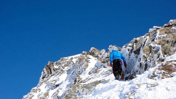 Férfi Backcountry Síelő Mászó Hegyi Egy Szép Téli Napon Alpokban — Stock Fotó