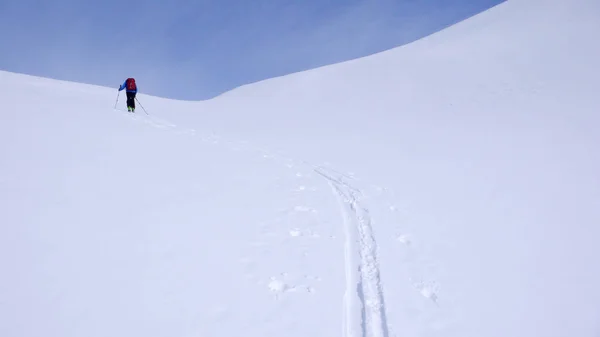 Férfi Backcountry Síelő Mászó Hegyi Egy Szép Téli Napon Alpokban — Stock Fotó