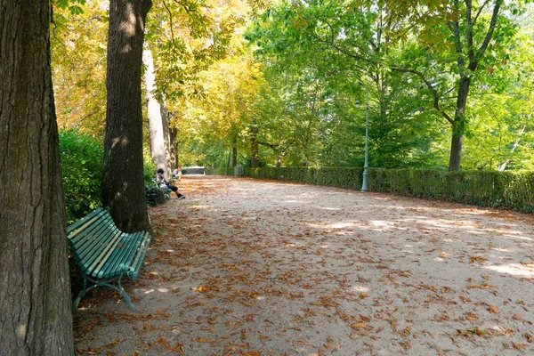 Les gens se relaxent et lisent sur les bancs d'un parc urbain paisible et magnifique — Photo