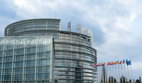 Vista del edificio del Parlamento de la Unión Europea y de las banderas de todos los — Foto de Stock