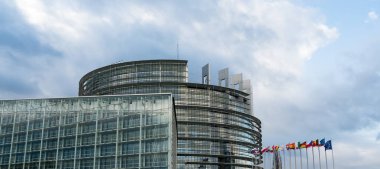 Strazburg 'daki tüm üye ülkelerin Avrupa Birliği Parlamento Binası ve bayraklarının yatay görünümü