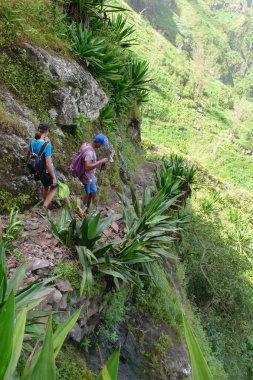 guide and client hiking through wild jungle and mountain landsca