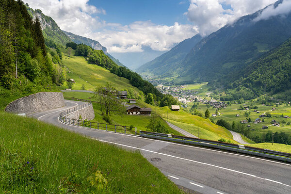 the winding and curvy Klausenpass mountain road in the heart of the Swiss Alps